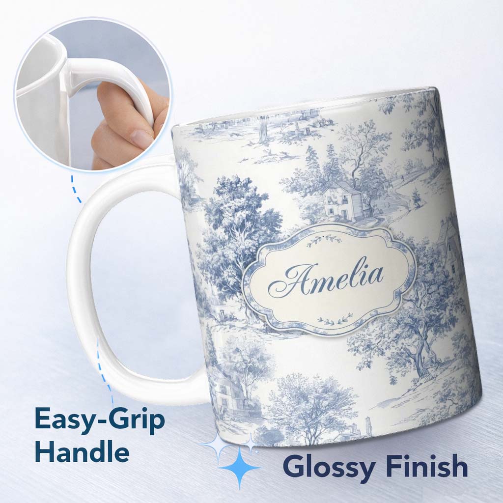 Personalized Custom Name Vintage Toile Rustic Countryside Cottage Scene Blue White Seamless 11oz Ceramic Coffee Tea Mug White Large Handle