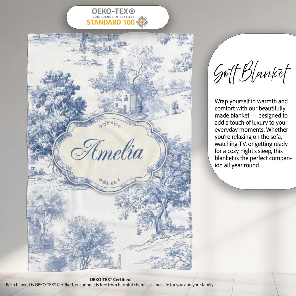 Vintage Toile Rustic Countryside Cottage Scene Blue White Seamless  Personalised Custom Name Super Soft Fleece Blanket Bed Sofa Throw