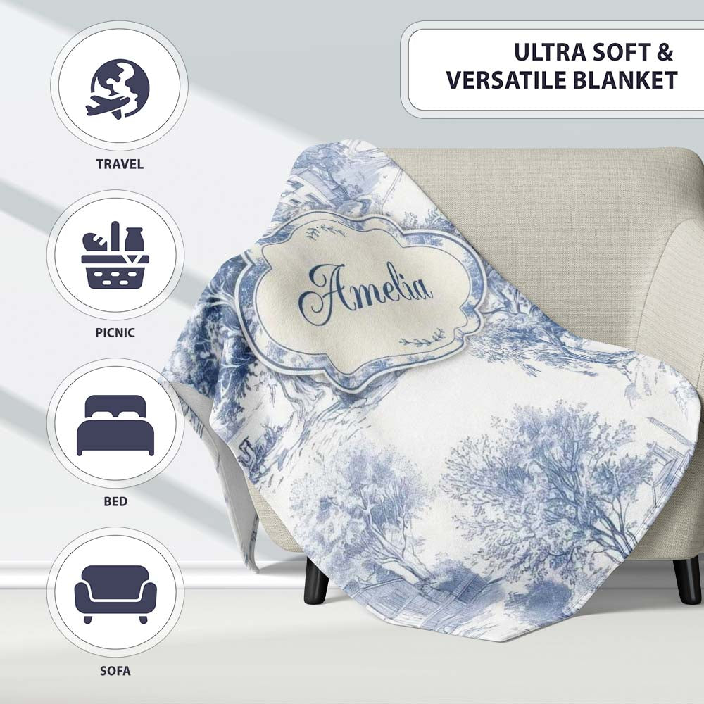 Vintage Toile Rustic Countryside Cottage Scene Blue White Seamless  Personalised Custom Name Super Soft Fleece Blanket Bed Sofa Throw