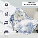Vintage Toile Rustic Countryside Cottage Scene Blue White Seamless  Personalised Custom Name Super Soft Fleece Blanket Bed Sofa Throw