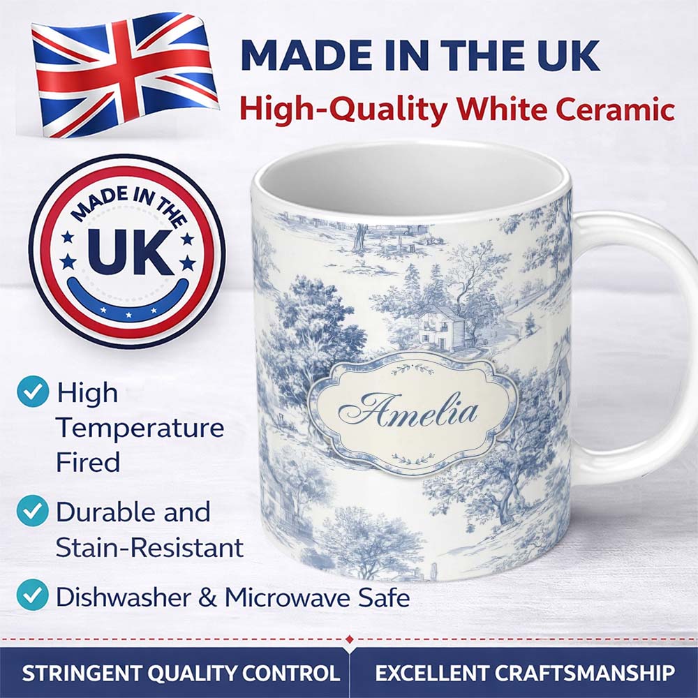 Personalized Custom Name Vintage Toile Rustic Countryside Cottage Scene Blue White Seamless 11oz Ceramic Coffee Tea Mug White Large Handle