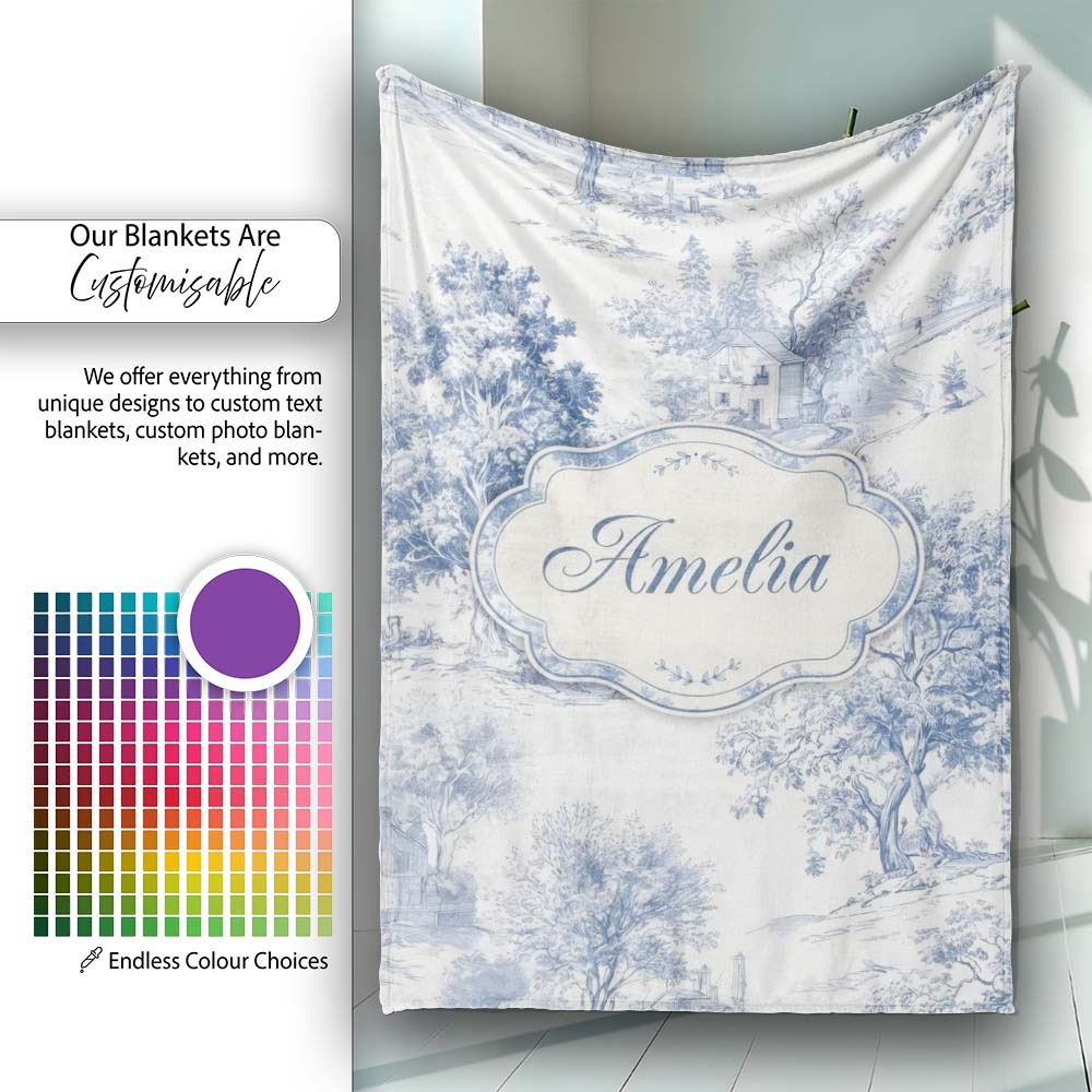 Vintage Toile Rustic Countryside Cottage Scene Blue White Seamless  Personalised Custom Name Super Soft Fleece Blanket Bed Sofa Throw