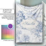 Vintage Toile Rustic Countryside Cottage Scene Blue White Seamless  Personalised Custom Name Super Soft Fleece Blanket Bed Sofa Throw