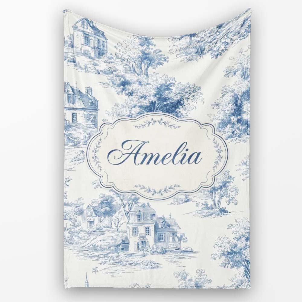 Vintage Toile Tree Nature Countryside Scene Blue White Seamless  Personalised Custom Name Super Soft Fleece Blanket Bed Sofa Throw