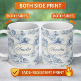 Personalized Custom Name Vintage Toile Tree Nature Countryside Scene Blue White Seamless 11oz Ceramic Coffee Tea Mug White Large Handle