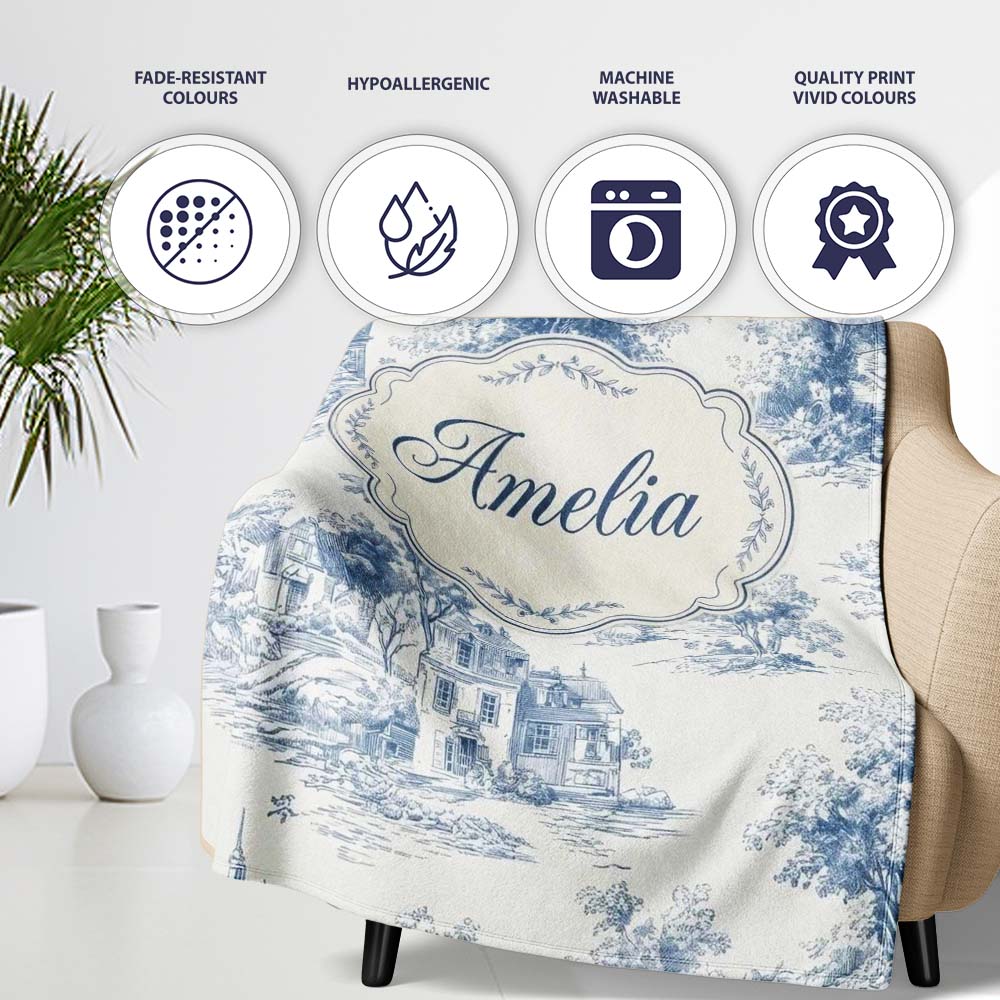 Vintage Toile Tree Nature Countryside Scene Blue White Seamless  Personalised Custom Name Super Soft Fleece Blanket Bed Sofa Throw