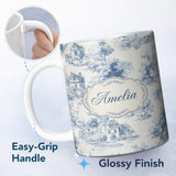 Personalized Custom Name Vintage Toile Tree Nature Countryside Scene Blue White Seamless 11oz Ceramic Coffee Tea Mug White Large Handle