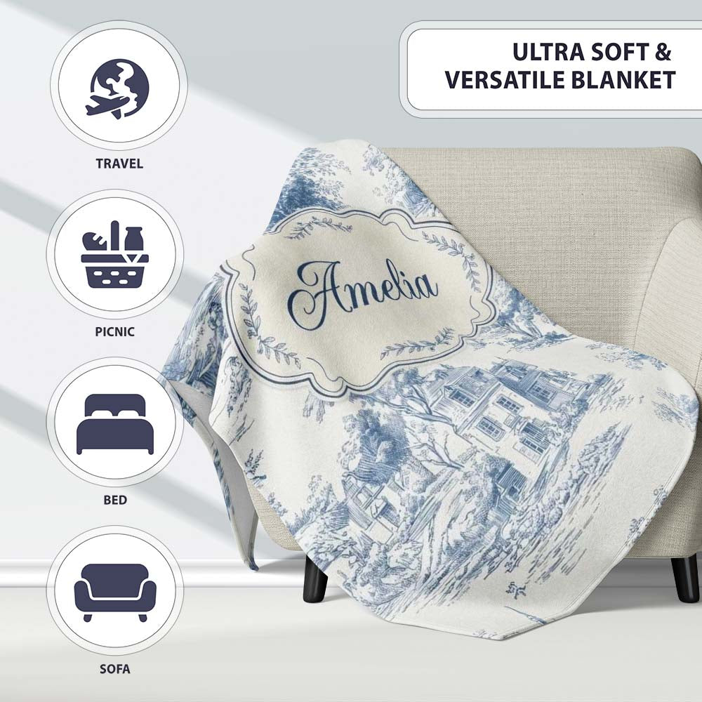 Vintage Toile Tree Nature Countryside Scene Blue White Seamless  Personalised Custom Name Super Soft Fleece Blanket Bed Sofa Throw