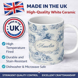 Personalized Custom Name Vintage Toile Tree Nature Countryside Scene Blue White Seamless 11oz Ceramic Coffee Tea Mug White Large Handle