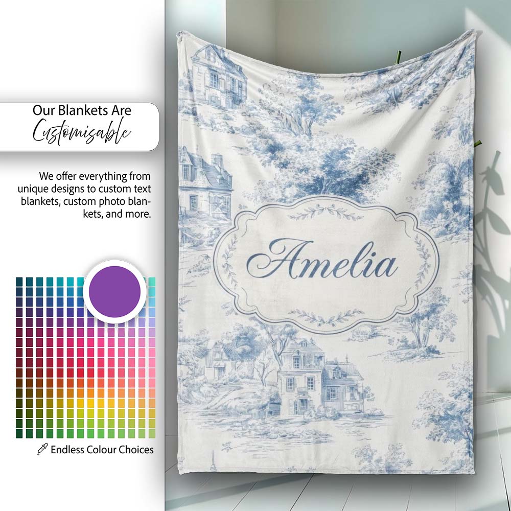 Vintage Toile Tree Nature Countryside Scene Blue White Seamless  Personalised Custom Name Super Soft Fleece Blanket Bed Sofa Throw