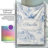 Vintage Toile Tree Nature Countryside Scene Blue White Seamless  Personalised Custom Name Super Soft Fleece Blanket Bed Sofa Throw