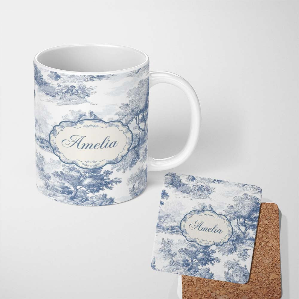 Personalized Custom Name Vintage Toile Country House Landscape Scene Blue White Seamless 11oz Ceramic Coffee Tea Mug White Large Handle
