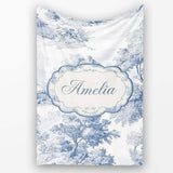 Vintage Toile Country House Landscape Scene Blue White Seamless  Personalised Custom Name Super Soft Fleece Blanket Bed Sofa Throw