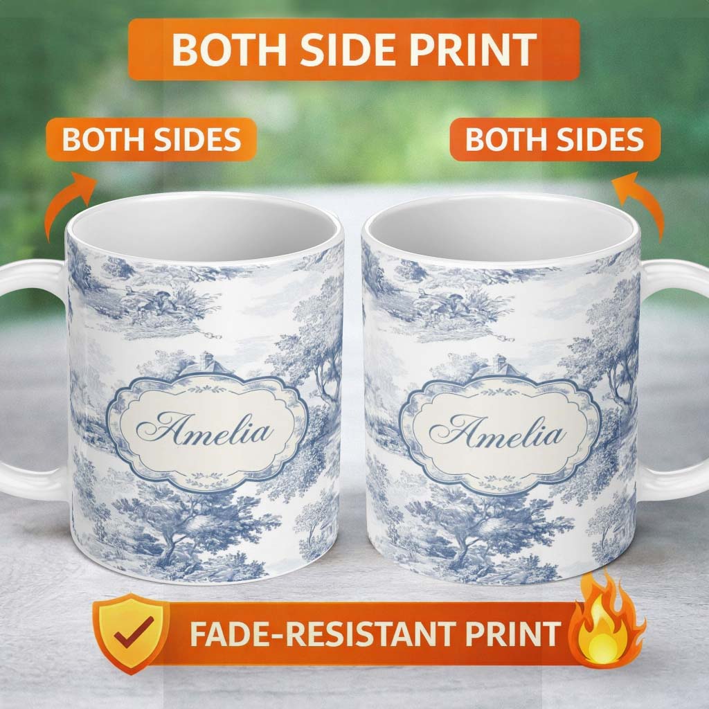 Personalized Custom Name Vintage Toile Country House Landscape Scene Blue White Seamless 11oz Ceramic Coffee Tea Mug White Large Handle