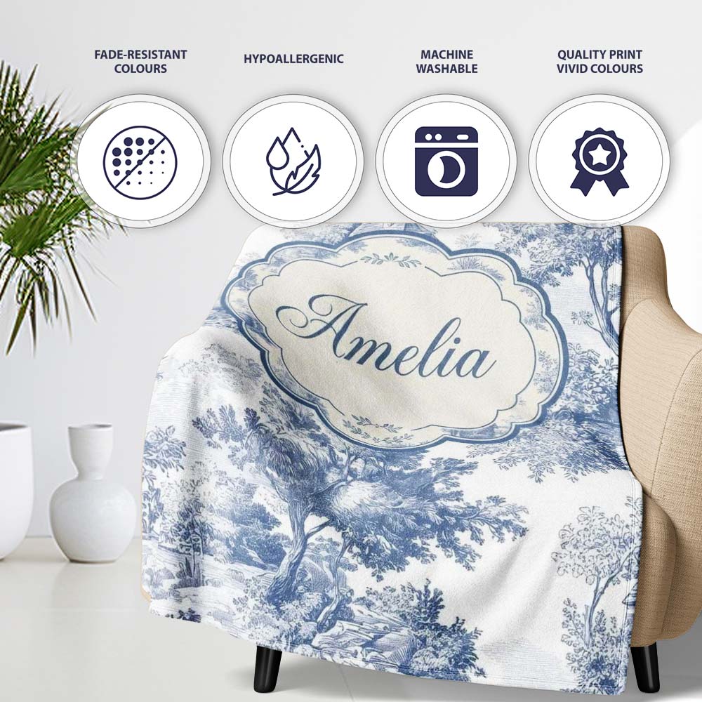 Vintage Toile Country House Landscape Scene Blue White Seamless  Personalised Custom Name Super Soft Fleece Blanket Bed Sofa Throw