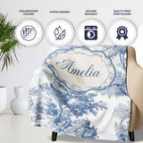 Vintage Toile Country House Landscape Scene Blue White Seamless  Personalised Custom Name Super Soft Fleece Blanket Bed Sofa Throw