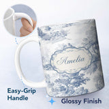 Personalized Custom Name Vintage Toile Country House Landscape Scene Blue White Seamless 11oz Ceramic Coffee Tea Mug White Large Handle