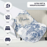 Vintage Toile Country House Landscape Scene Blue White Seamless  Personalised Custom Name Super Soft Fleece Blanket Bed Sofa Throw