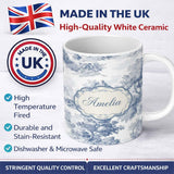 Personalized Custom Name Vintage Toile Country House Landscape Scene Blue White Seamless 11oz Ceramic Coffee Tea Mug White Large Handle