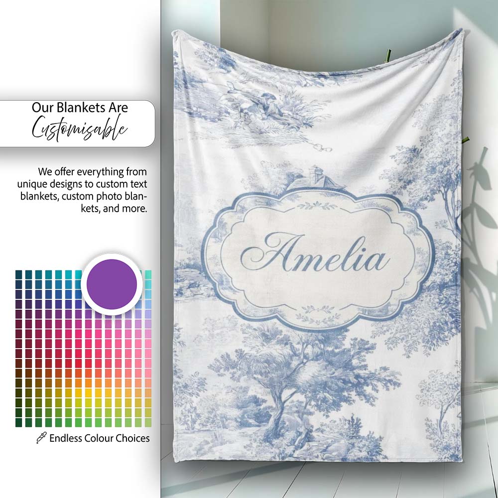 Vintage Toile Country House Landscape Scene Blue White Seamless  Personalised Custom Name Super Soft Fleece Blanket Bed Sofa Throw
