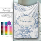 Vintage Toile Country House Landscape Scene Blue White Seamless  Personalised Custom Name Super Soft Fleece Blanket Bed Sofa Throw