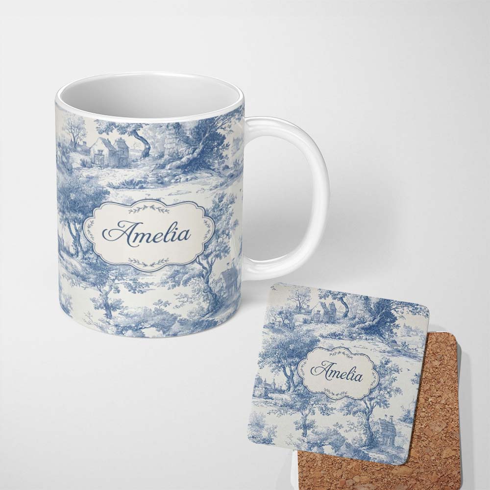 Personalized Custom Name Vintage Toile Scenic Rural Village Landscape Blue White Seamless 11oz Ceramic Coffee Tea Mug White Large Handle