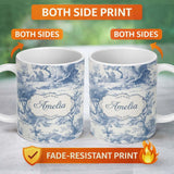Personalized Custom Name Vintage Toile Scenic Rural Village Landscape Blue White Seamless 11oz Ceramic Coffee Tea Mug White Large Handle
