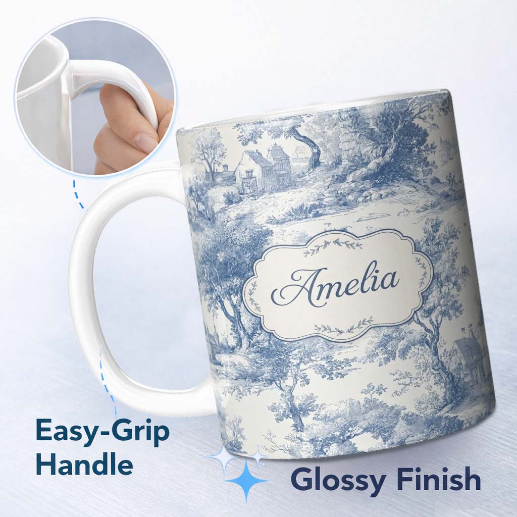 Personalized Custom Name Vintage Toile Scenic Rural Village Landscape Blue White Seamless 11oz Ceramic Coffee Tea Mug White Large Handle