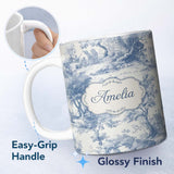 Personalized Custom Name Vintage Toile Scenic Rural Village Landscape Blue White Seamless 11oz Ceramic Coffee Tea Mug White Large Handle