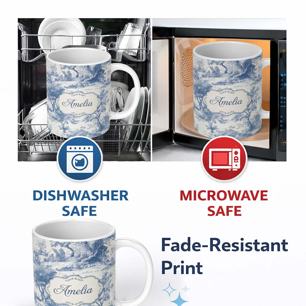 Personalized Custom Name Vintage Toile Scenic Rural Village Landscape Blue White Seamless 11oz Ceramic Coffee Tea Mug White Large Handle