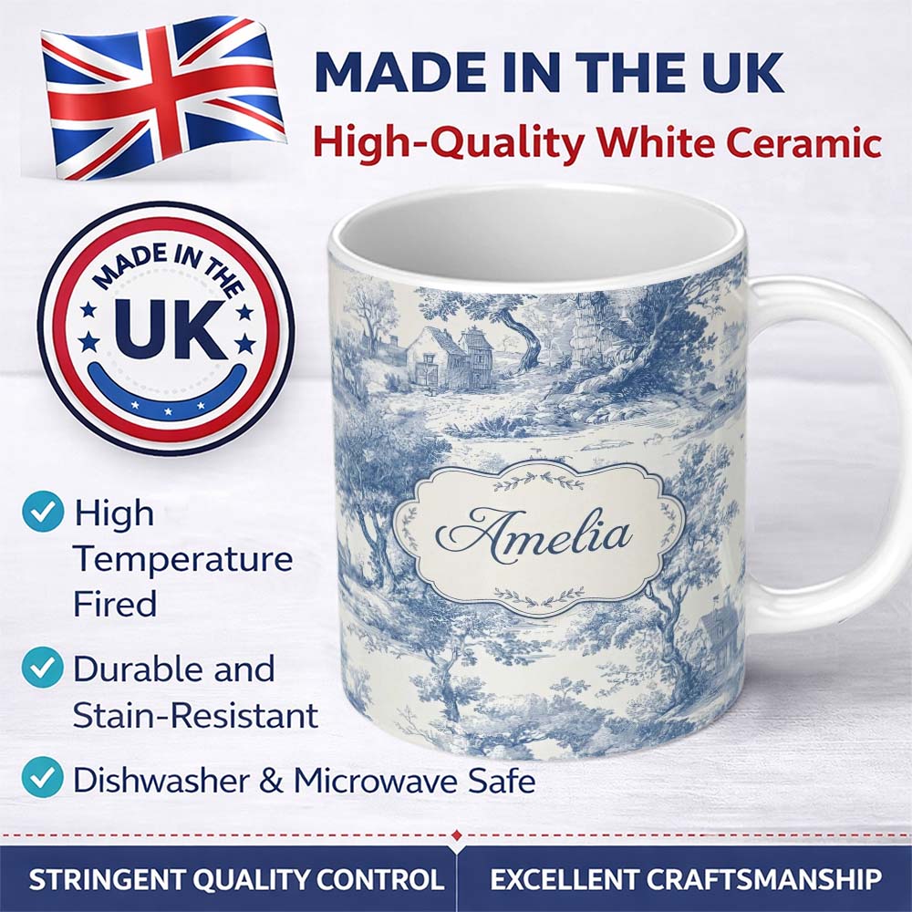 Personalized Custom Name Vintage Toile Scenic Rural Village Landscape Blue White Seamless 11oz Ceramic Coffee Tea Mug White Large Handle