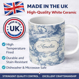 Personalized Custom Name Vintage Toile Scenic Rural Village Landscape Blue White Seamless 11oz Ceramic Coffee Tea Mug White Large Handle