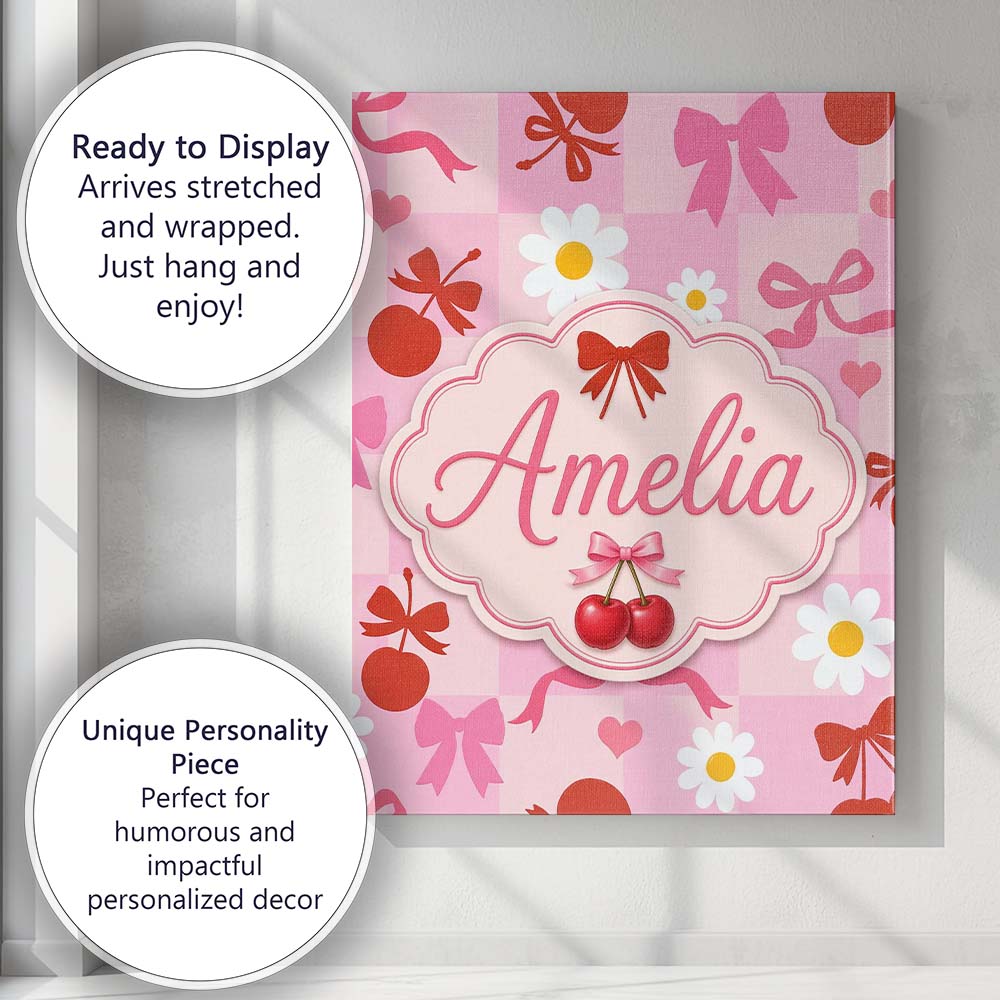 Personalised Name Cute Cherry Bow Daisy Heart Seamless Pattern on Custom  Bespoke Canvas Wall Art Print Decor Picture Ready to Hang