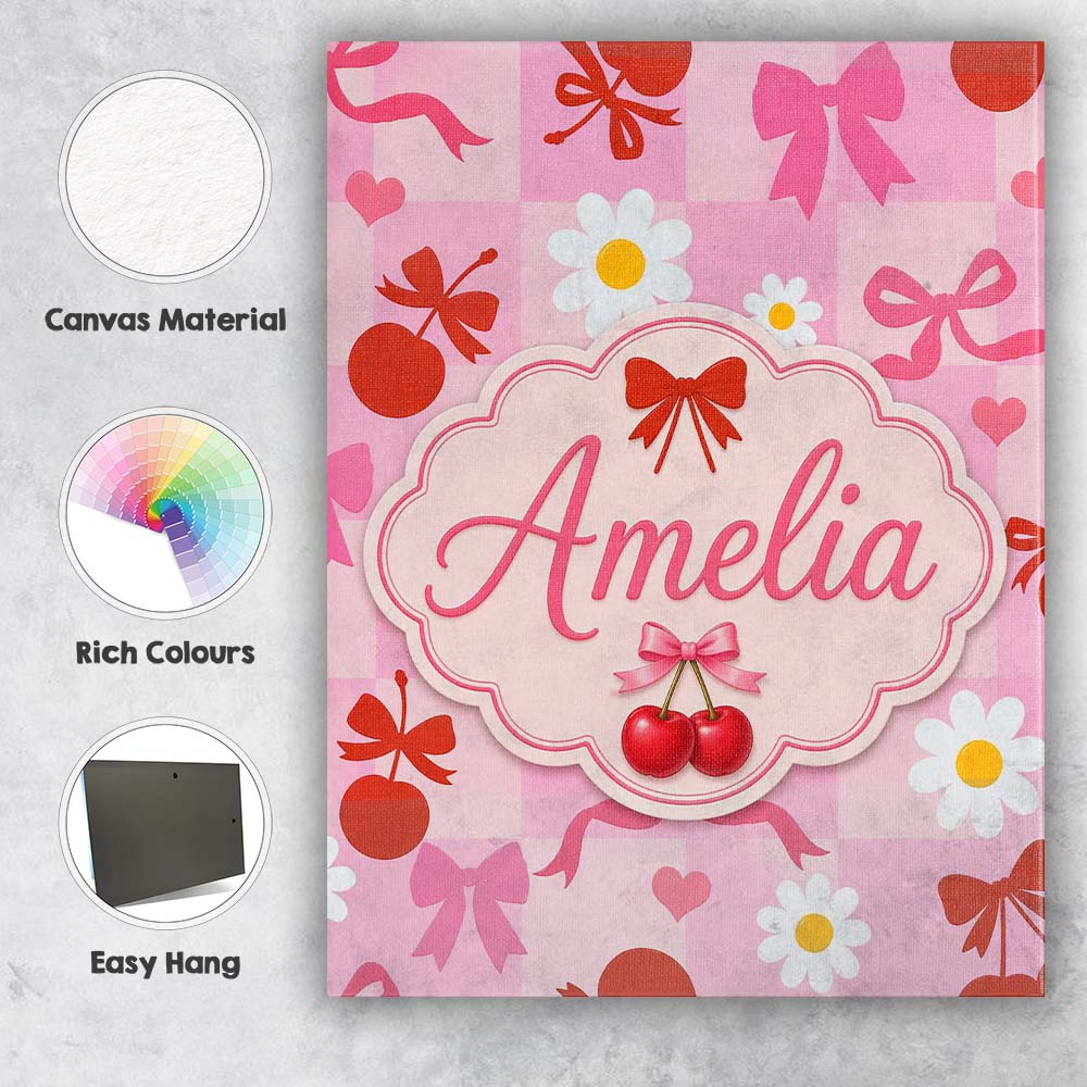 Personalised Name Cute Cherry Bow Daisy Heart Seamless Pattern on Custom  Bespoke Canvas Wall Art Print Decor Picture Ready to Hang