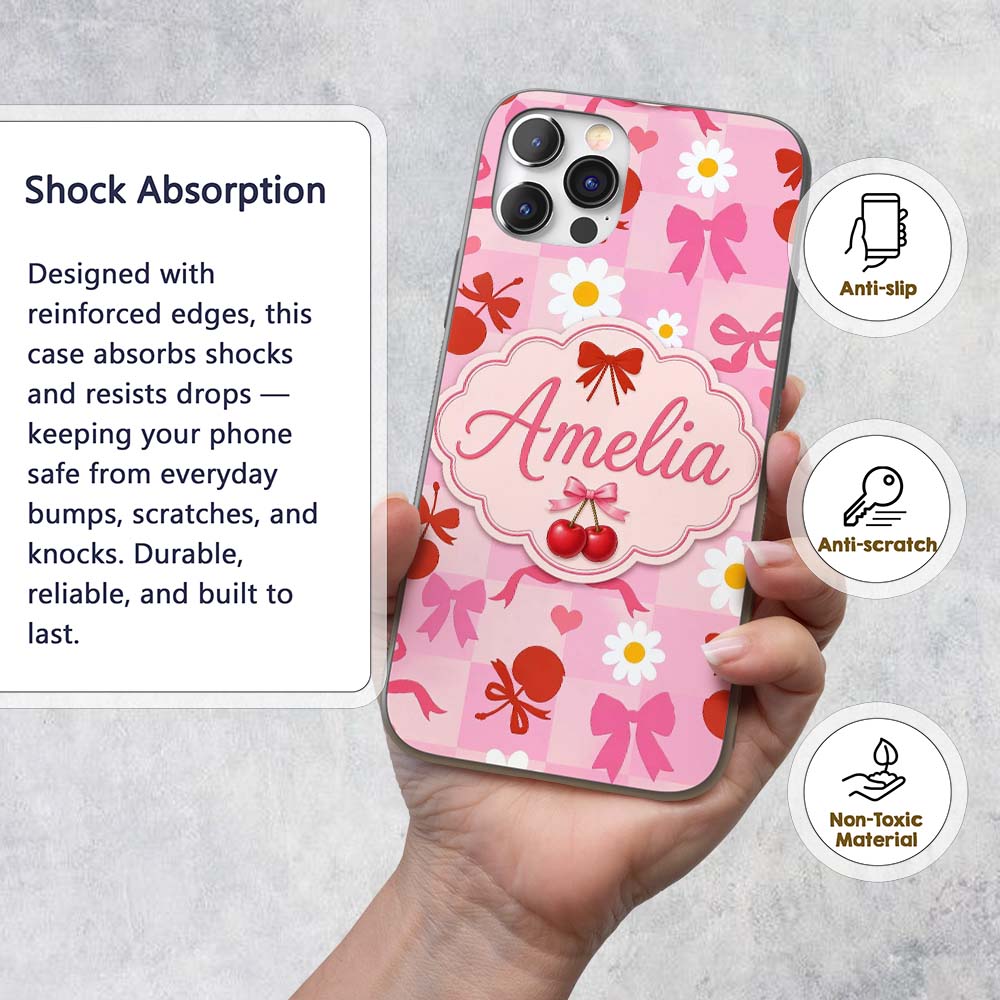 Cute Cherry Bow Daisy Heart Seamless Pattern on Custom Name Protective Phone Case Mobile Cover Durable Everyday Smartphone Shock Resistant