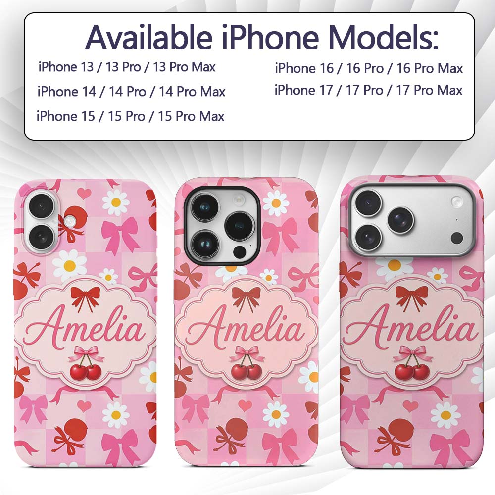 Cute Cherry Bow Daisy Heart Seamless Pattern on Custom Name Protective Phone Case Mobile Cover Durable Everyday Smartphone Shock Resistant