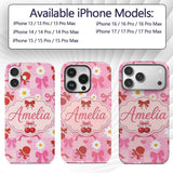 Cute Cherry Bow Daisy Heart Seamless Pattern on Custom Name Protective Phone Case Mobile Cover Durable Everyday Smartphone Shock Resistant