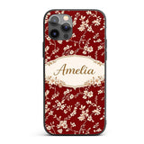 Red Vintage Floral Seamless Pattern Charming Custom Name Protective Phone Case Mobile Cover Durable Everyday Smartphone Shock Resistant
