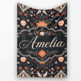 Halloween Skull Pumpkin Folk Art Dark Seamless Pattern Name Cute  Personalised Custom Name Super Soft Fleece Blanket Bed Sofa Throw