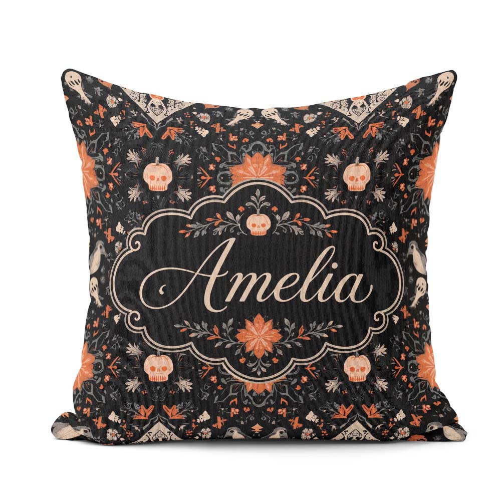 Custom Name Halloween Skull Pumpkin Folk Art Dark Seamless Name Square Filled Cushion Throw Pillow Sofa Bed Home Decor Zip Washable UK Made