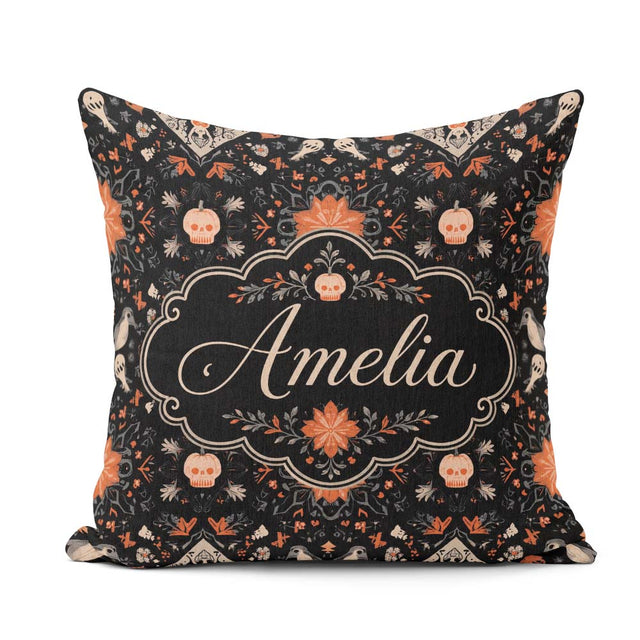Custom Name Halloween Skull Pumpkin Folk Art Dark Seamless Name Square Filled Cushion Throw Pillow Sofa Bed Home Decor Zip Washable UK Made