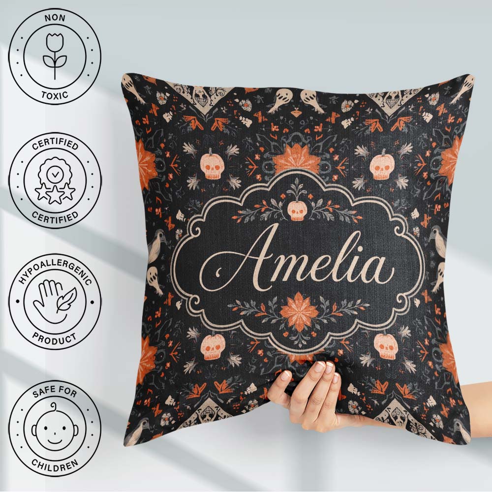 Custom Name Halloween Skull Pumpkin Folk Art Dark Seamless Name Square Filled Cushion Throw Pillow Sofa Bed Home Decor Zip Washable UK Made