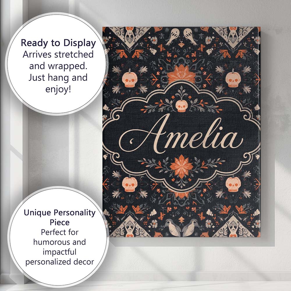 Personalised Name Halloween Skull Pumpkin Custom  Unique Gift Idea Elegant Feature Canvas Wall Art Print Decor Picture Ready to Hang