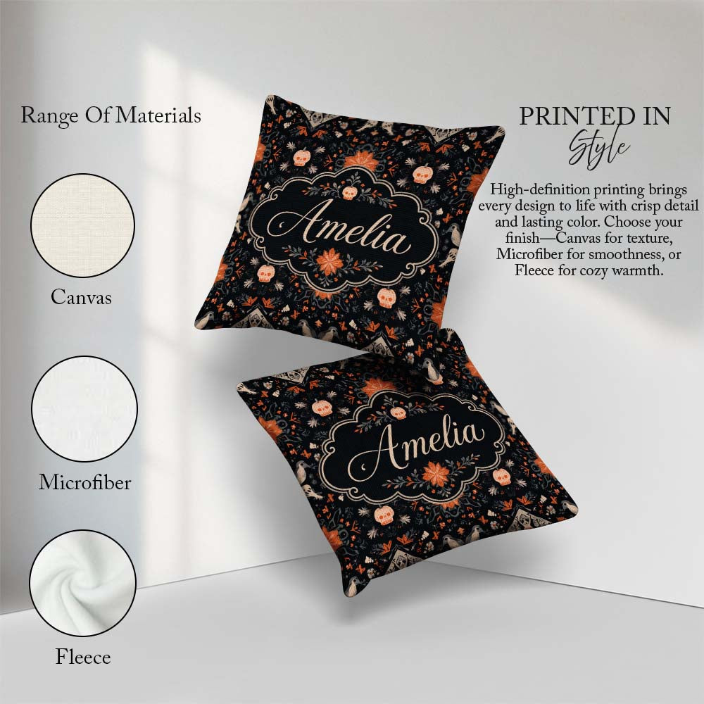 Custom Name Halloween Skull Pumpkin Folk Art Dark Seamless Name Square Filled Cushion Throw Pillow Sofa Bed Home Decor Zip Washable UK Made