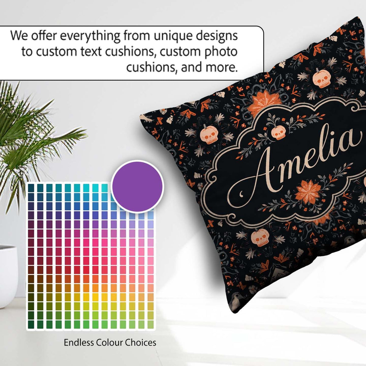 Custom Name Halloween Skull Pumpkin Folk Art Dark Seamless Name Square Filled Cushion Throw Pillow Sofa Bed Home Decor Zip Washable UK Made