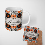 Personalized Custom Name Bold Orange Black Floral Folk Art Seamless Pattern Name Cute Unique 11oz Ceramic Coffee Tea Mug White Large Handle