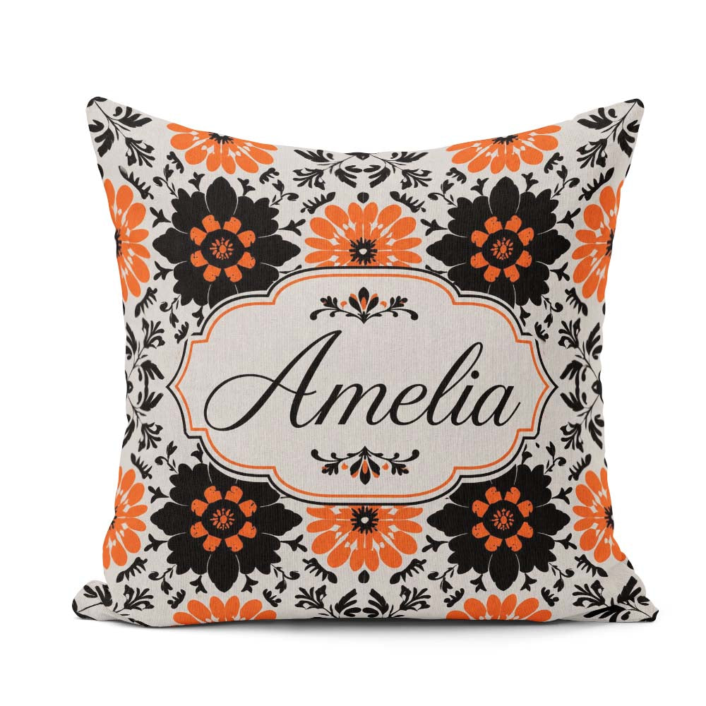 Custom Name Bold Orange Black Floral Folk Art Seamless Name Cute Square Filled Cushion Throw Pillow Sofa Bed Home Decor Zip Washable UK Made