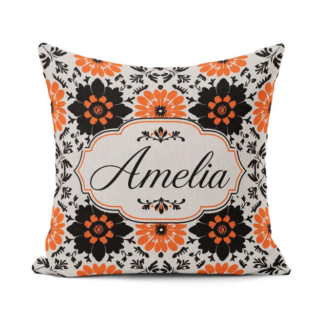 Custom Name Bold Orange Black Floral Folk Art Seamless Name Cute Square Filled Cushion Throw Pillow Sofa Bed Home Decor Zip Washable UK Made