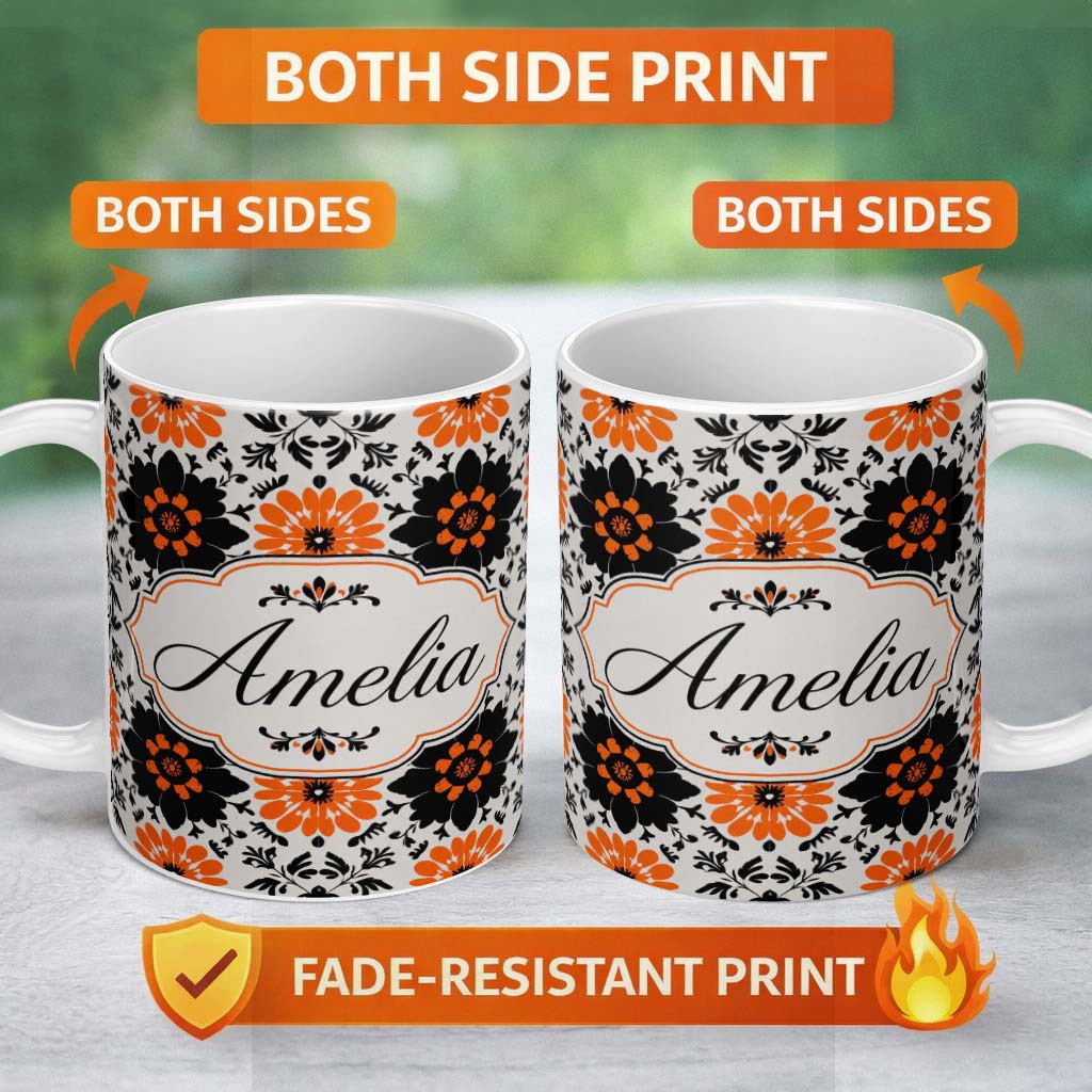 Personalized Custom Name Bold Orange Black Floral Folk Art Seamless Pattern Name Cute Unique 11oz Ceramic Coffee Tea Mug White Large Handle
