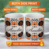 Personalized Custom Name Bold Orange Black Floral Folk Art Seamless Pattern Name Cute Unique 11oz Ceramic Coffee Tea Mug White Large Handle